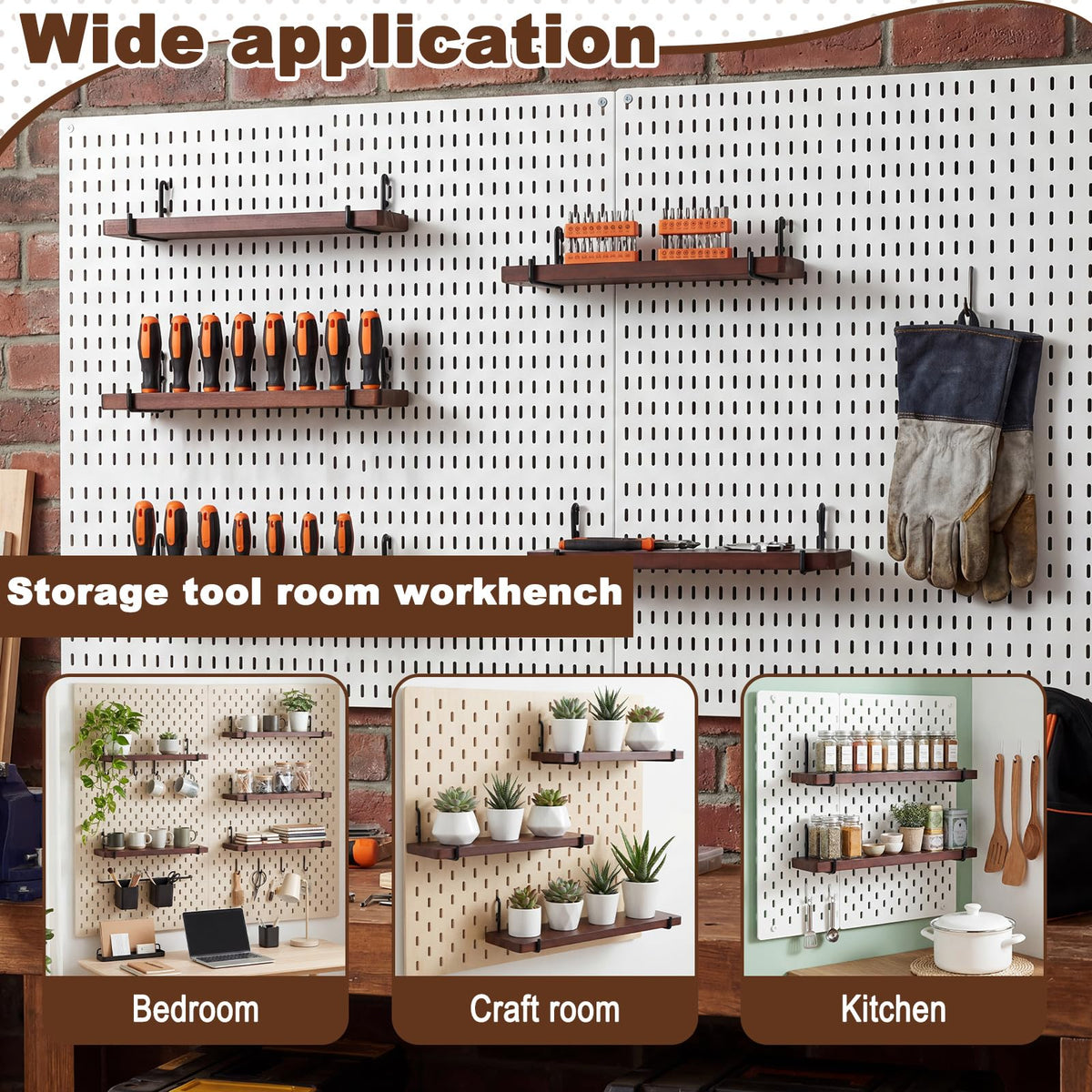 Novabright 6 Pcs Walnut Color Pegboard Shelves Set with Metal Brackets Hooks 11.8 x 4'' Wall Wooden Pegboard Shelving Heavy Duty Accessories for Crafts Office Garage, Compatible with IKEA Skadis