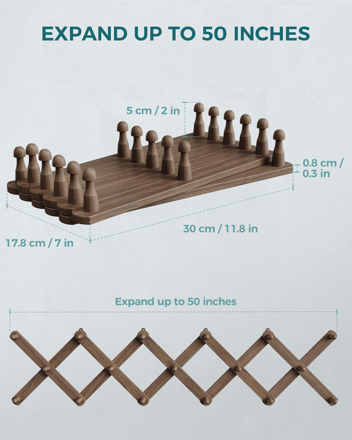 OROPY Accordion Wall Hanger with 17 Pegs, Expandable Wooden Coat & Hat Rack