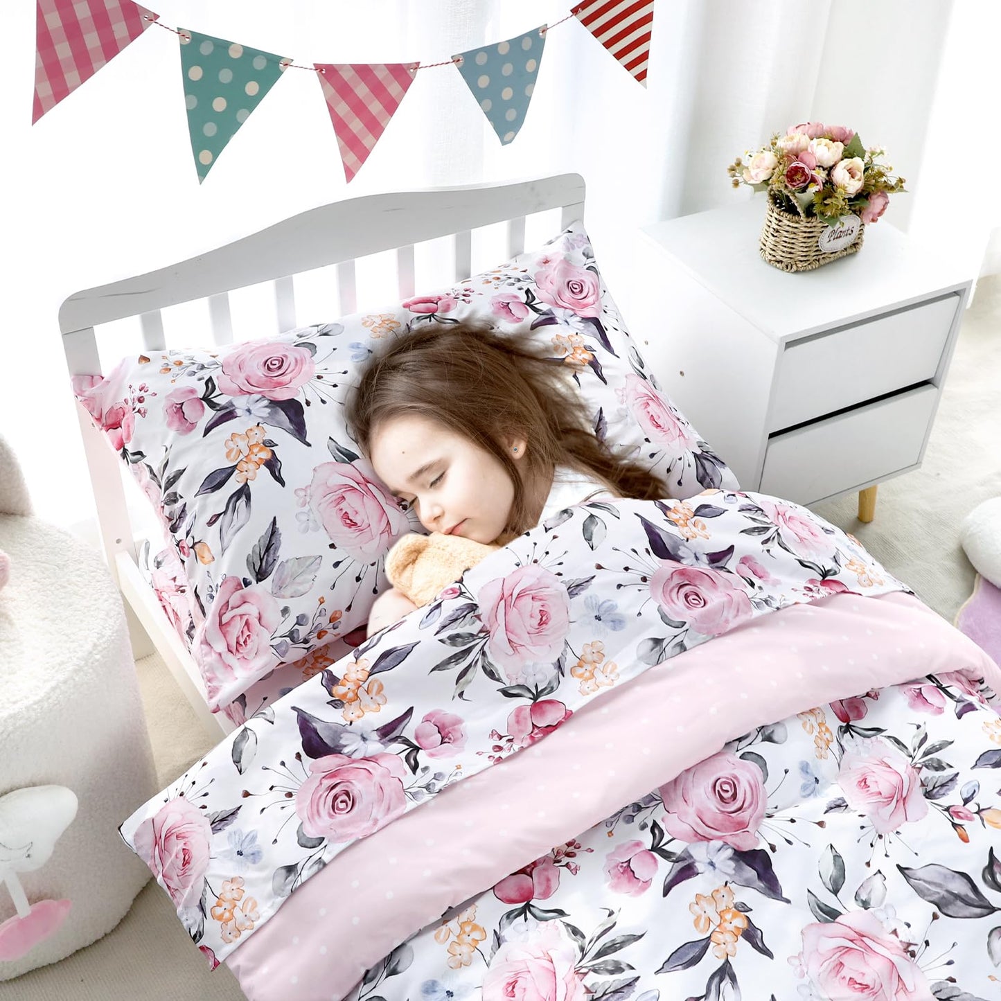 Pea Pod Toddler Bedding Set for Girls, 4 Piece Soft & Breathable Floral Crib Bedding Set, Bed-in-A-Bag Toddler Microfiber Sheet Set, Includes Comforter, Flat Sheet, Fitted Sheet, Pillowcase, Pink