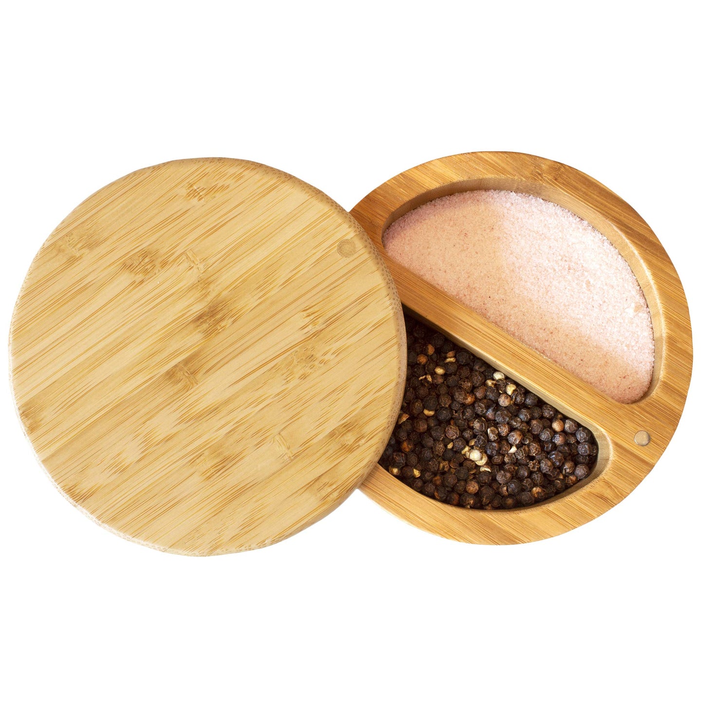 Totally Bamboo Salt Keeper Duet, Salt and Pepper Container with Dual Compartments, Bamboo Spice Cellar with Magnetic Swivel Lid, Countertop Bowls for Seasonings