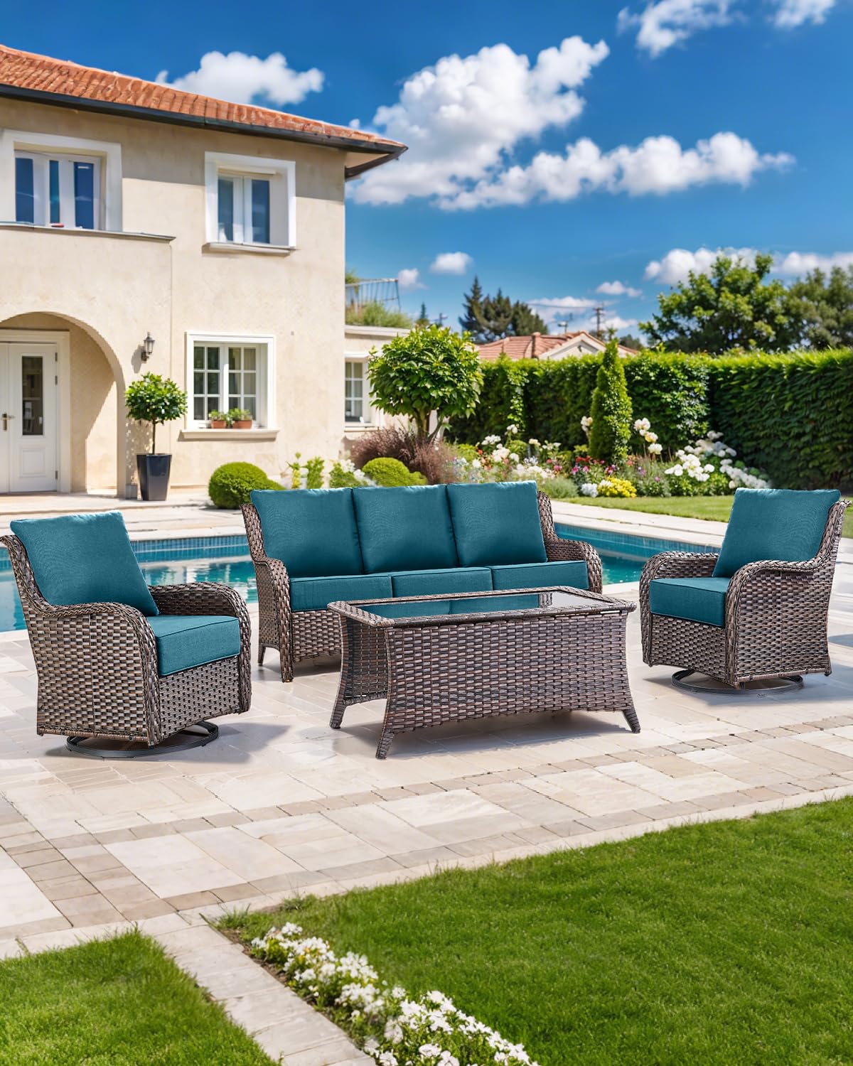 ACTREST Luxury 22x24/22x25 6-Inch Outdoor Cushions for 5 Peice Patio Furniture Set - Set of 5 Water-Resistant Pillow for Dining Rocking Swivel Chairs Loveseat Couch Sectional Sofa - Peacock Blue