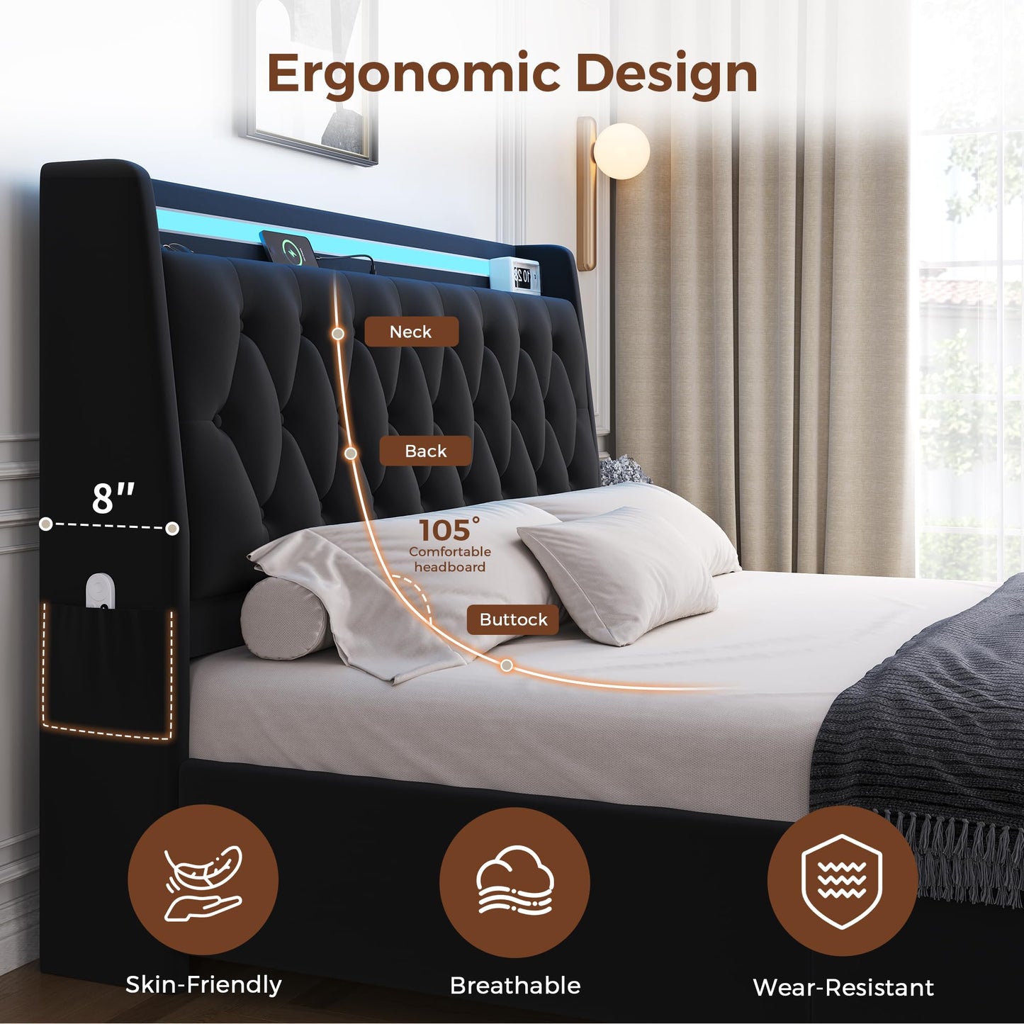 Full LED Velvet Bed Frame with 2 Storage Drawers&Hidden Headboard, Upholstered Platform Bed with Charging Station&Button Tufted Design, Wooden Slats Support, Box Spring Optional, Easy Assembly, Black