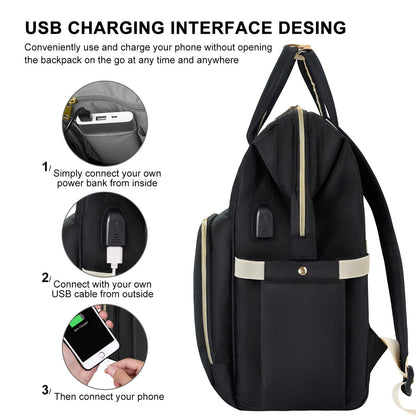 VSNOON Laptop Backpack for Women,15.6 Inch Stylish Laptop Rucksack Wide Open, Travel Backpack with USB Charging Port, Water Resistant Work Bag Computer Backpack for Women, Black