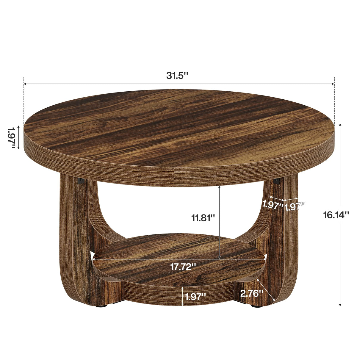Tribesigns Round Coffee Table, 2-Tier Circle Coffee Table with Storage, Modern Wooden Accent Center Table for Living Room, Thick Tabletop & Base, Dark Brown
