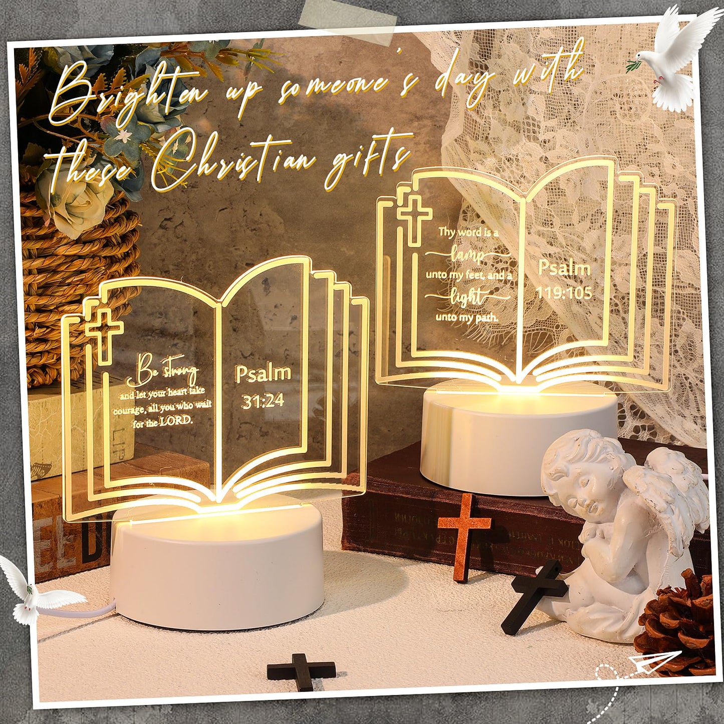 VIHOSE 10 Sets Mother's Day Christian Gift Bulk for Women Religious Inspirational Acrylic Nightlight LED with Engraved Bible Verse Sayings for Wife Clergy Church Baptism(Faith Words)