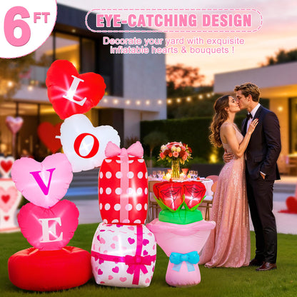 Valentine Inflatables Outdoor Decorations 6 FT Valentine's Day Inflatable Love Gift Box Bouquet Blow Up Decor with LED Lights for Yard,Lawn,Garden Romantic Gifts