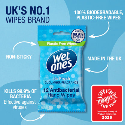 Wet Ones – Be Fresh – Plastic Free Antibacterial Pocket Size Hand Wipes - 144 wipes – 12 packs x 12 wipes