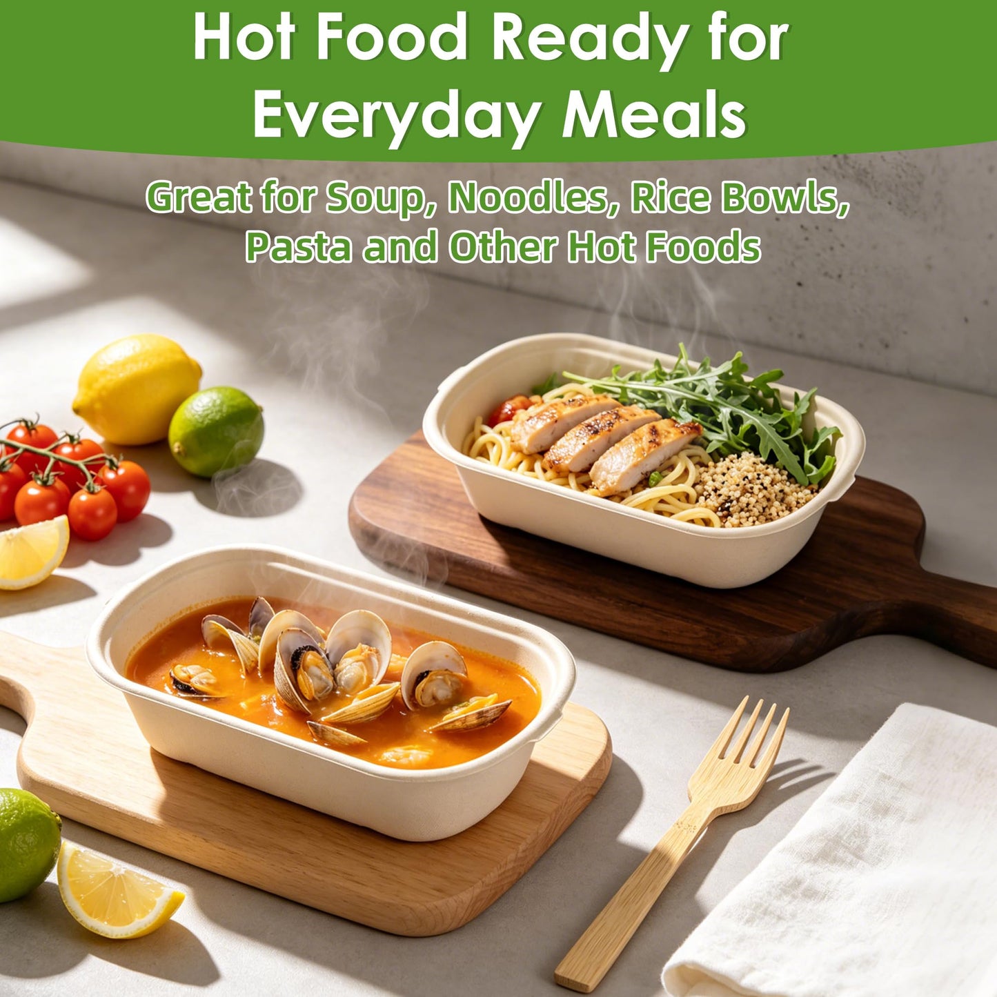FEHHTO 50-Pack 30oz Disposable Meal Prep Containers with Lids, Sugarcane Pulp Compostable Food Containers + 50 Bamboo Forks, To-Go Food Containers, Microwave & Freezer Safe for Hot or Cold Foods
