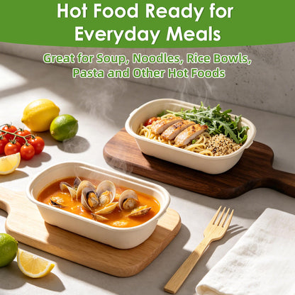 FEHHTO 50-Pack 30oz Disposable Meal Prep Containers with Lids, Sugarcane Pulp Compostable Food Containers + 50 Bamboo Forks, To-Go Food Containers, Microwave & Freezer Safe for Hot or Cold Foods