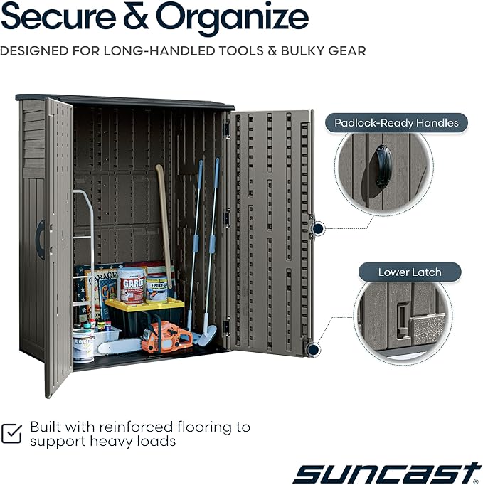 Suncast Outdoor Storage Cabinet Waterproof Resin Vertical Outdoor Storage Shed (54 cu. ft.) for Patio, Garden Tools, Cushions, & Equipment. Weatherproof Plastic Multi-Wall Design, Capacity Made in USA