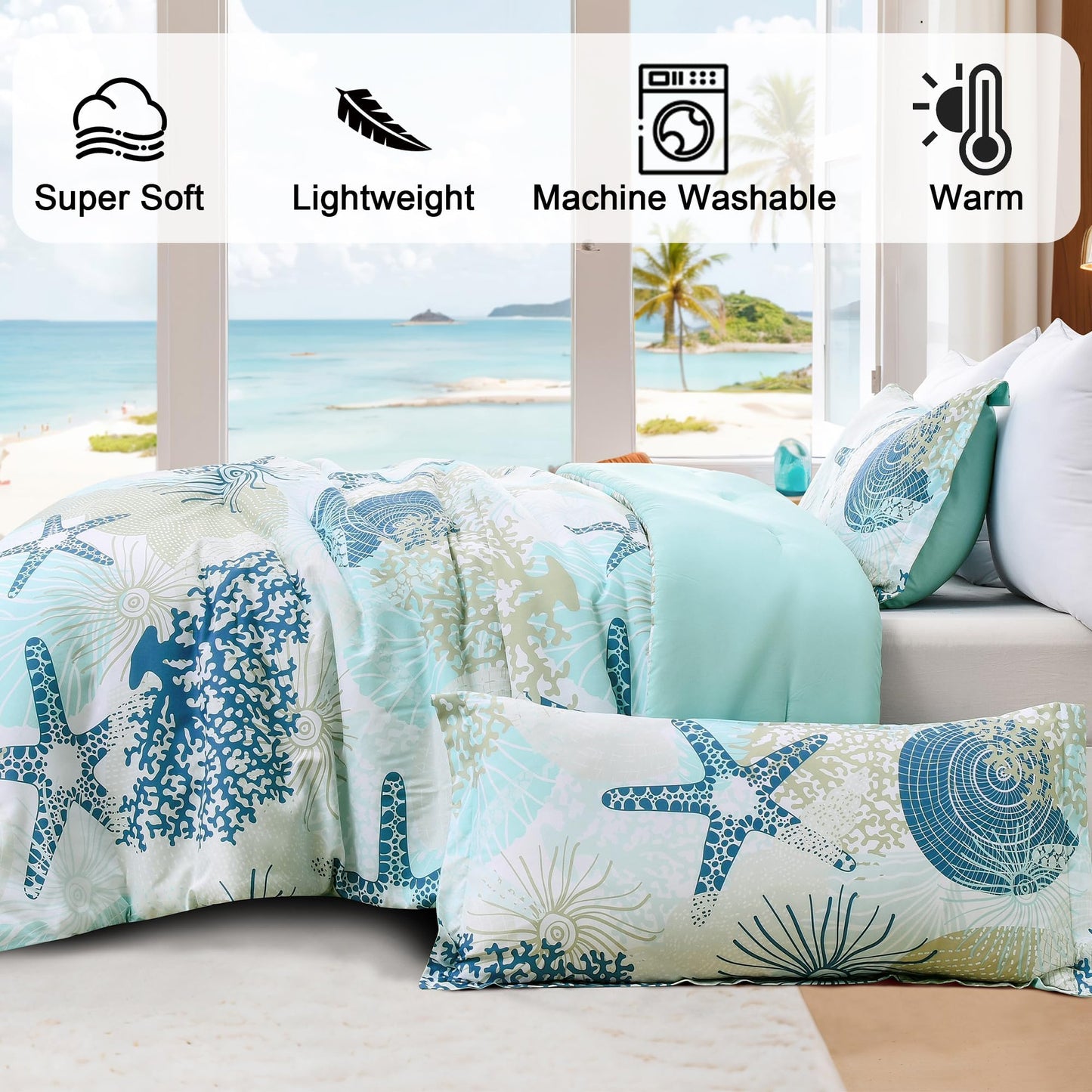 Tritard Coastal Comforter Set King Size 3 Piece, Soft Beach Themed Comforter, Ocean Nautical Lightweight Bedding Sets for All Seasons, (1 Reversible Comforter and 2 Pillow Shams), 104''x90'', C6