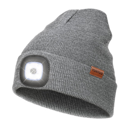 YunTuo Rechargeable LED Beanie with 4 Lights - Unisex Winter Knit Cap with USB Flashlight for Men and Women (Grey)