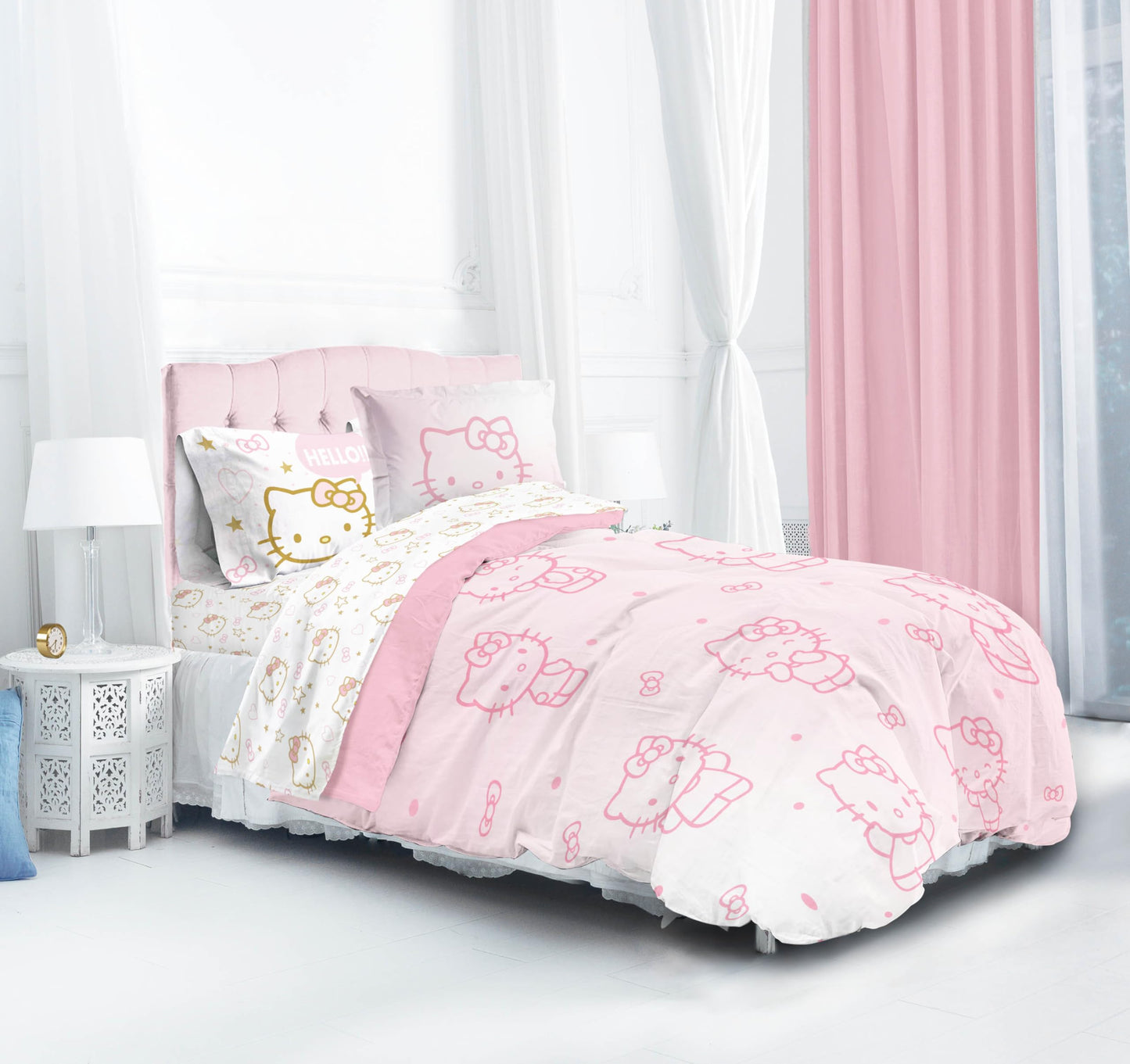 Jay Franco Hello Kitty Twin Comforter Set, 5 Piece Bed in a Bag - Kawaii Pink Bedding Set with Comforter, Sheets and Sham, Soft Brushed Microfiber, Machine Washable, Cute Bedroom Decor