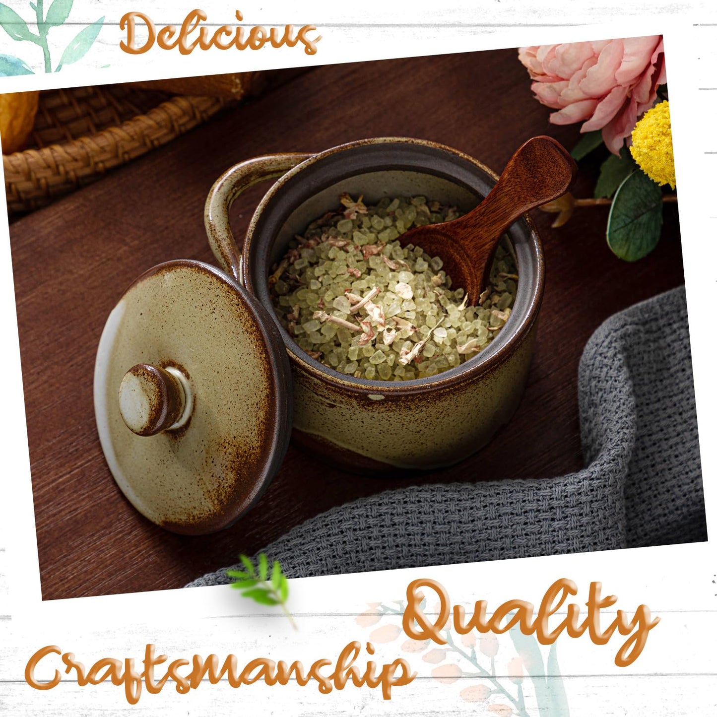 Honeydak Speckled Ceramic Salt Cellar with Lid and Wooden Spoon, Rustic Farmhouse Salt Pepper Cellar Holder for Mothers Day, Housewarming Gift, Heavyweight Spices Jar(Retro Color,1 Set)