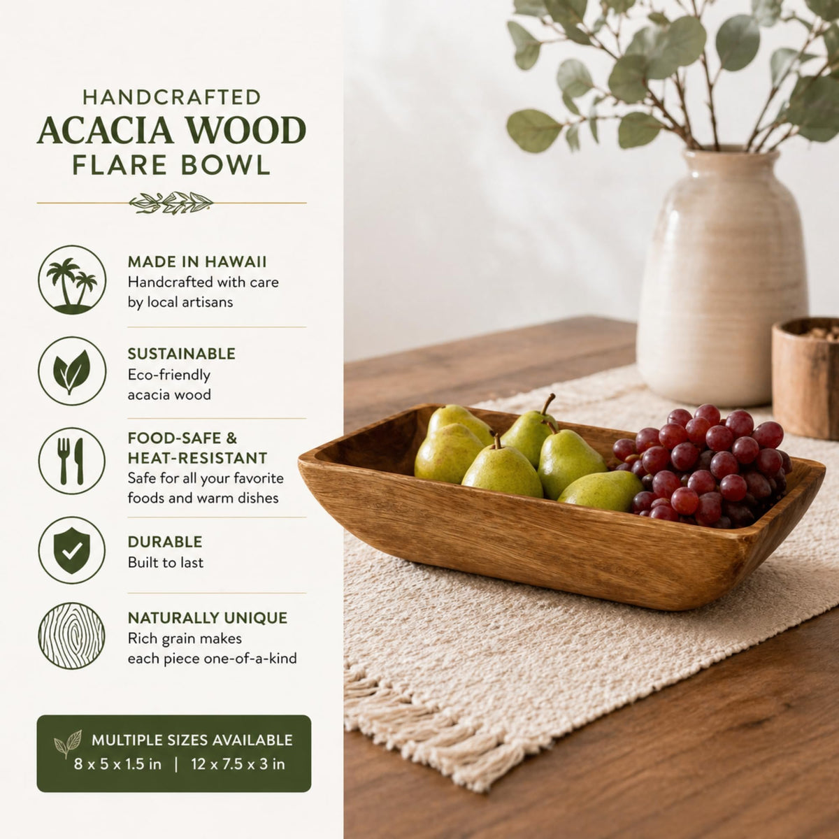 Handcrafted Acacia Wood Rectangular Bowl – Made in Hawaii – Eco-Friendly Wooden Serving Dish – Durable, Food-Safe, Heat-Resistant – Flared Design – Multiple Sizes (8x5x1.5 inch)