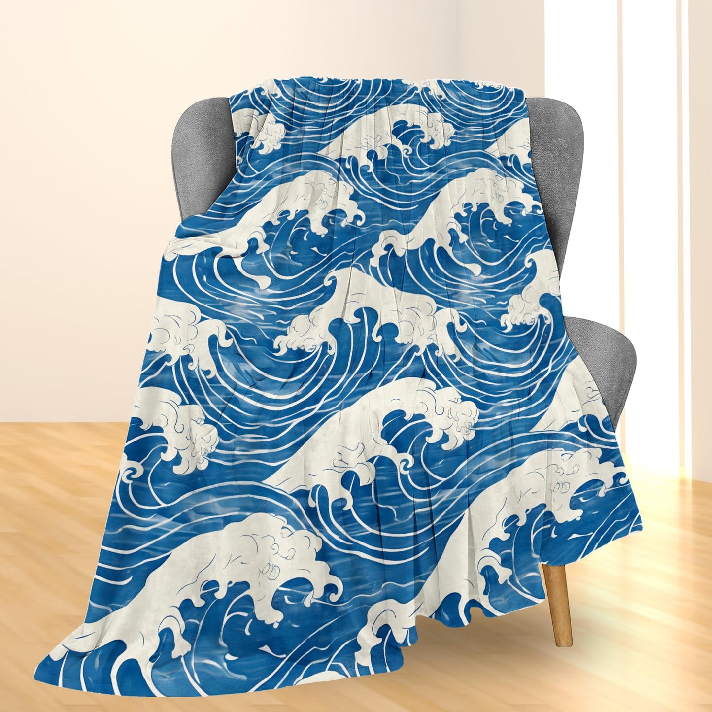 Ti Caldi Ocean Waves Blanket Gifts, Japanese Blue Wave Pattern Flannel Throw Blanket for Couch, Bed, Travel & Decor, Cozy Lightweight Warm Coastal Blankets for Adults Women Kids Teens 60×50 in