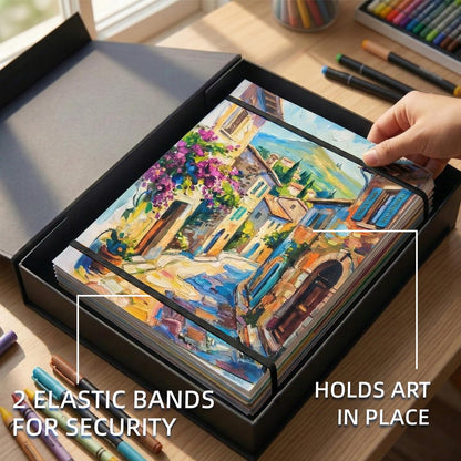JJRING 9x12 Foldable Art Portfolio Storage Box with Elastic Bands, Student Artwork Keepsake & Professional Document Organizer Folder For Drawings and Classroom Use (Black)