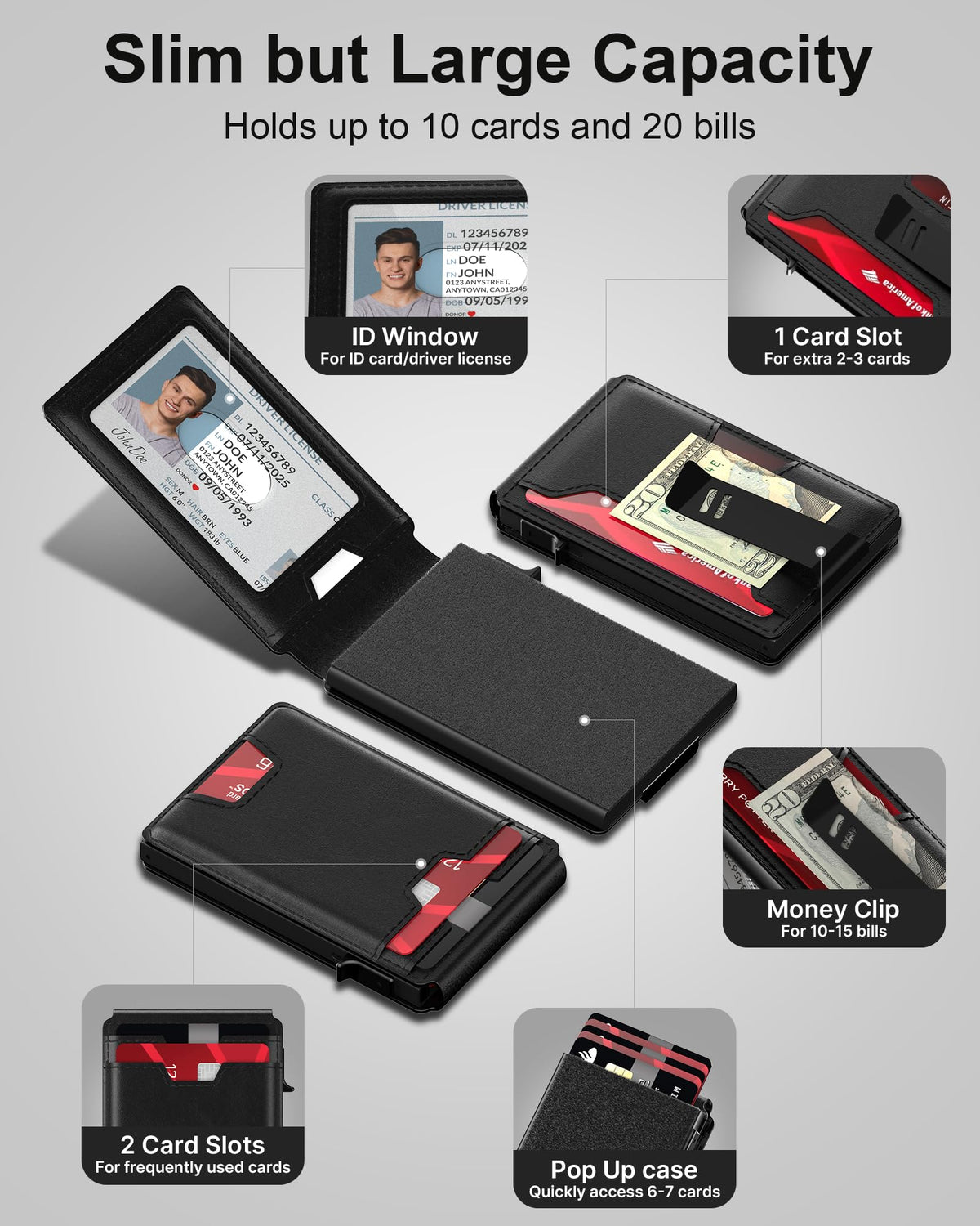 typecase Mens Wallet Card Holder: Pop Up Card Case, Genuine Leather, Smart, RFID Blocking, Slim, Minimalist, Thin, Front Pocket - 9-13 Card Capacitiy | ID Window | Money Clip (Black)