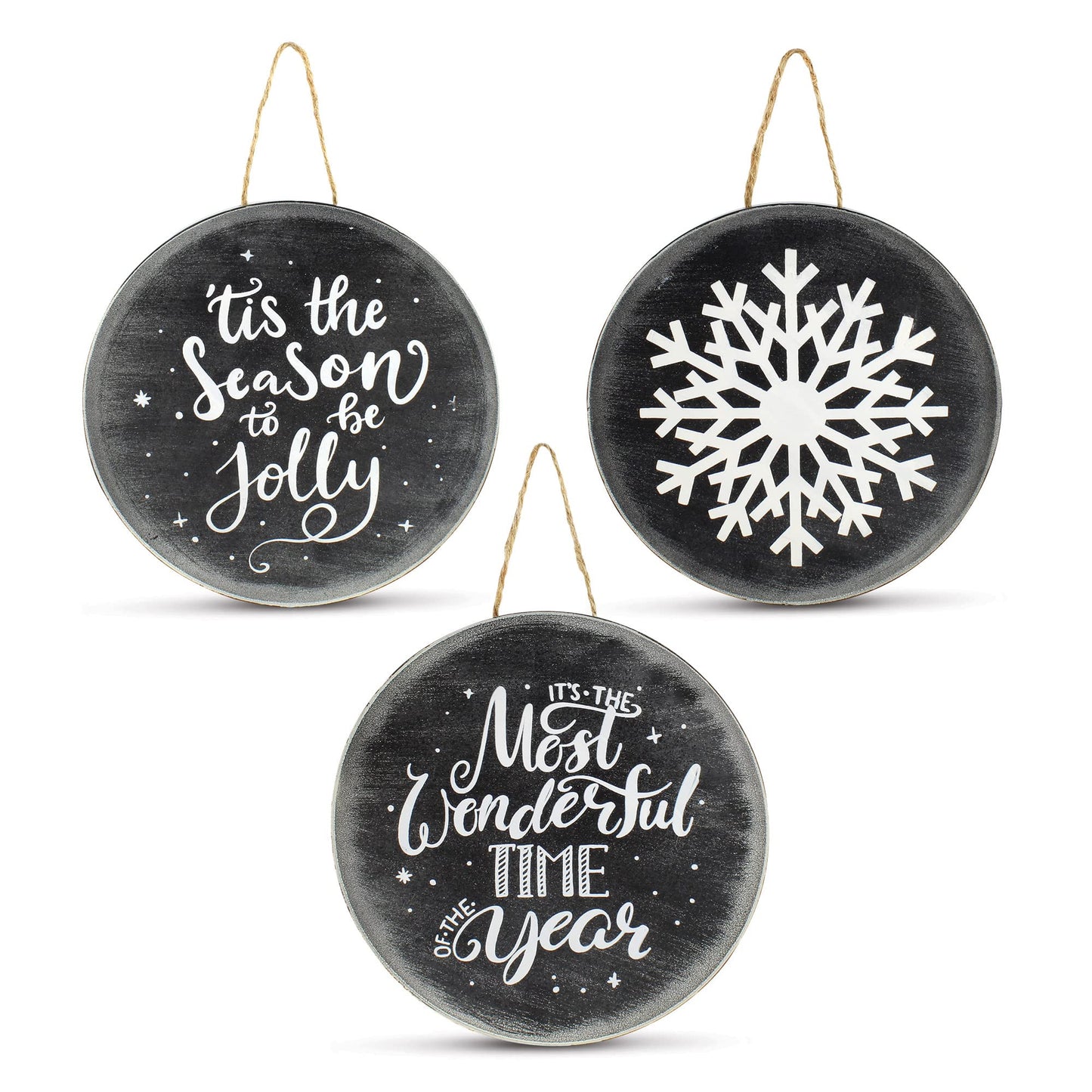 AuldHome Design Chalkboard Sign Ornaments (3 Pack); Jumbo Blackboard Style Round Metal Christmas Signs, Each 8-Inch Diameter
