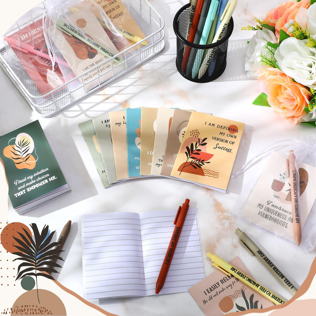 Mooliwe Positive Affirmation Gift Set Gratitude Notebooks with Pens Keychains Small Bags Motivational Party Favors for Adult Women Coworkers Employee Group(24 Set,Plant)
