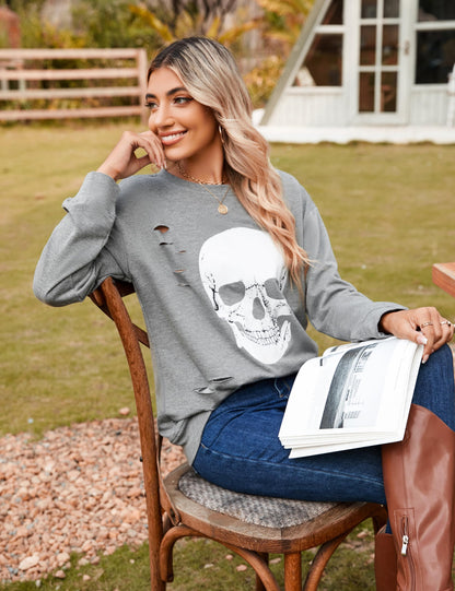 Blooming Jelly Women's Halloween Sweatshirts Skull Graphic T Shirts Long Sleeve Skeleton Shirt Trendy Fall Tops (X-Large, Grey)