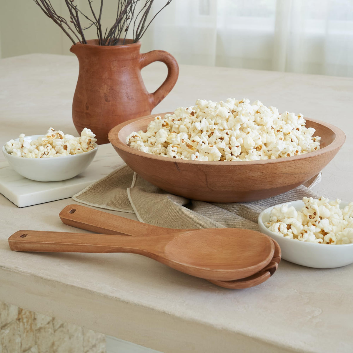 KIBAGA Extra Large Wooden Salad Bowl Set With Serving Utensils - A Beautiful Party Salad & Fruit Bowl With Serving Spoons Perfect for Your Dinner Party - Decorative & Practical Kitchen Must-Have