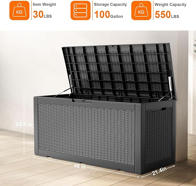 100 Gallon Outdoor Deck Box, Lockable Waterproof Outdoor Storage Boxes For Garden Tools,Indoor Cushions,Accessories Outside Storage Resin Weatherproof Container(Black)