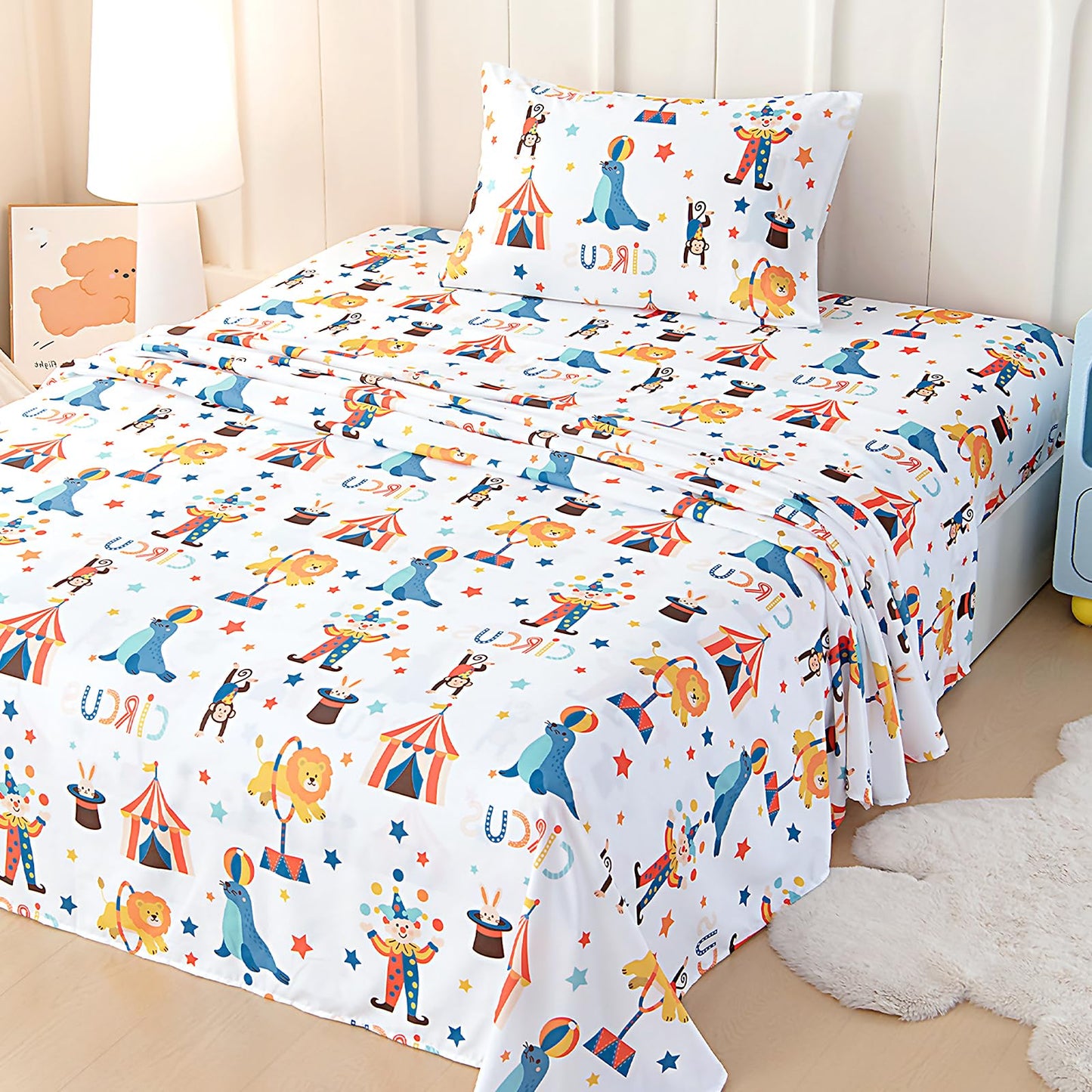 Swiftify Twin Sheets Set Kids for Boys & Girls Circus Clown, 3-Piece Bed Sheet Set for Toddler, Soft Brushed Microfiber Bedding, Deep Pocket, Wrinkle & Fade Resistant, Carnival Circus Clown