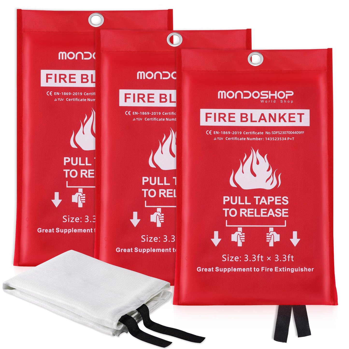Mondoshop Fire Blanket for Camping Home Kitchen 3Pack Emergency Fire Blanket Fire Resistant Blanket for Garages, Workshops, Grill, Car, Office, Warehouse, School, Picnic