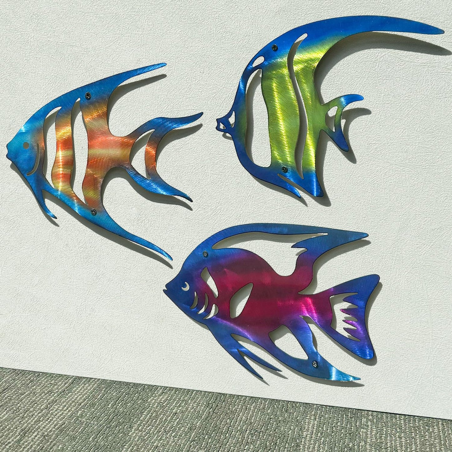 LiveInUrban Coastal Wall Art Angelfish Metal Wall Sculptures, Ocean Beach Themed Metal Hanging Home Decoration 3PCS 9.9"x7.8"
