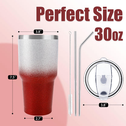 D·S 30 oz Tumbler Christmas Red Glitter Gradient Cup Stainless Steel Double Wall Vacuum Insulated Mug with Straw and Lid, Cleaning Brush for Cold and Hot Beverages