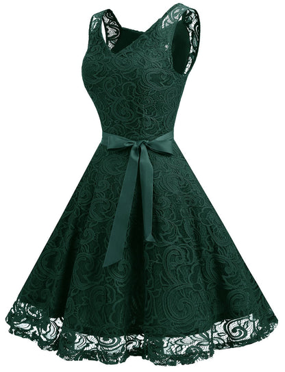 Dressystar 0010 Women Floral Lace Bridesmaid Party Dress Short Prom Dress V Neck Dark Green S