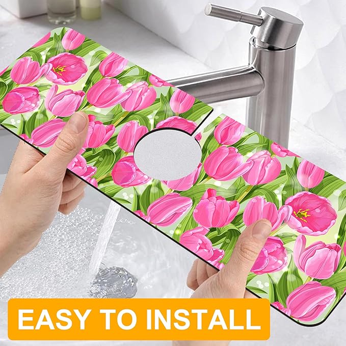 2 Pack Watercolor Tulips Sink Faucet Absorbing Mat Pink Tulips Super Absorbent
