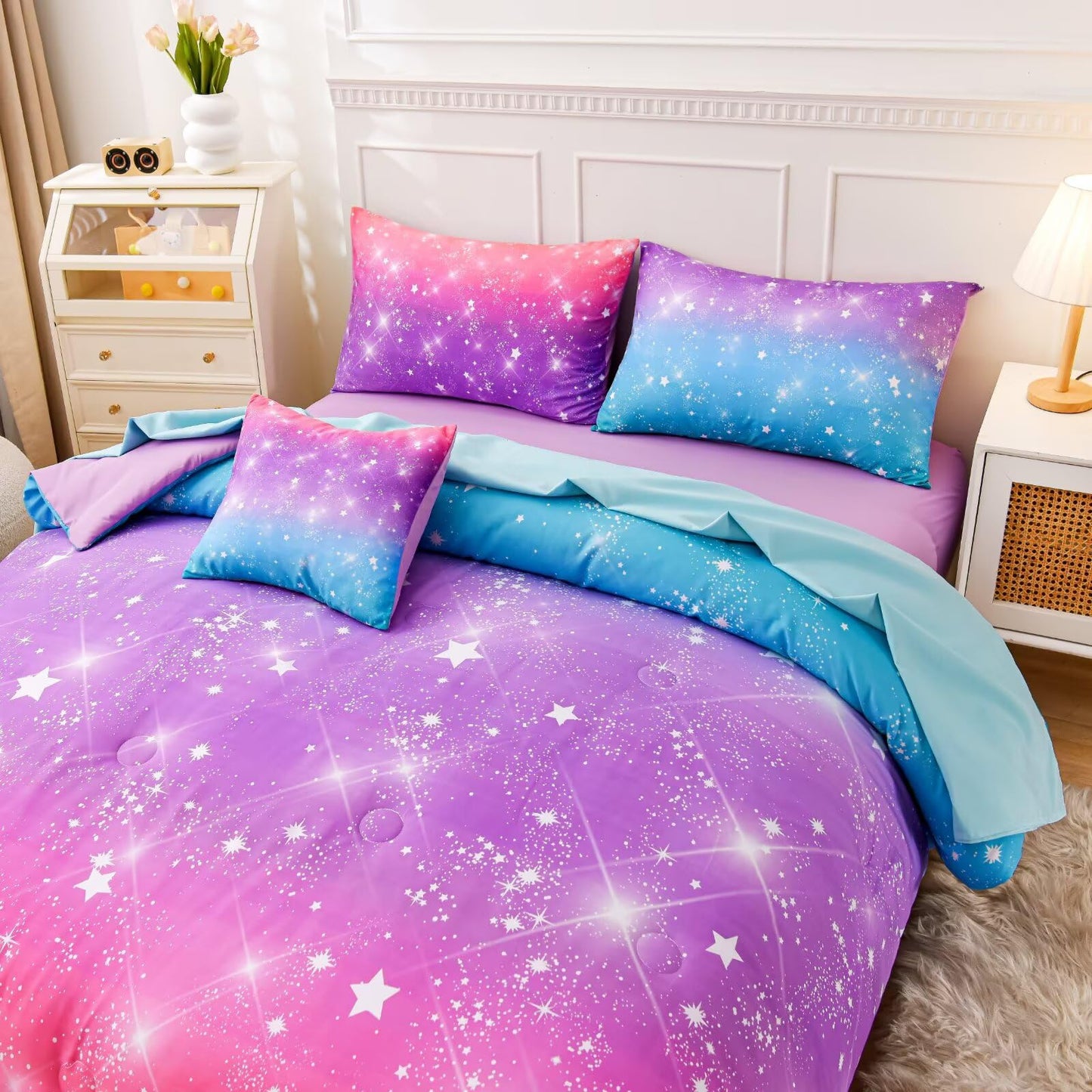 GRAT TIOC 6 Pieces Pink Purple Twin Comforter Set for Girls,Kids Glitter Galaxy Rainbow Bedding Sets Bed in A Bag (1 Comforter, 1 Flat Sheet,1 Fitted Sheet,2 Pillowcases and 1 Cushion Cover)