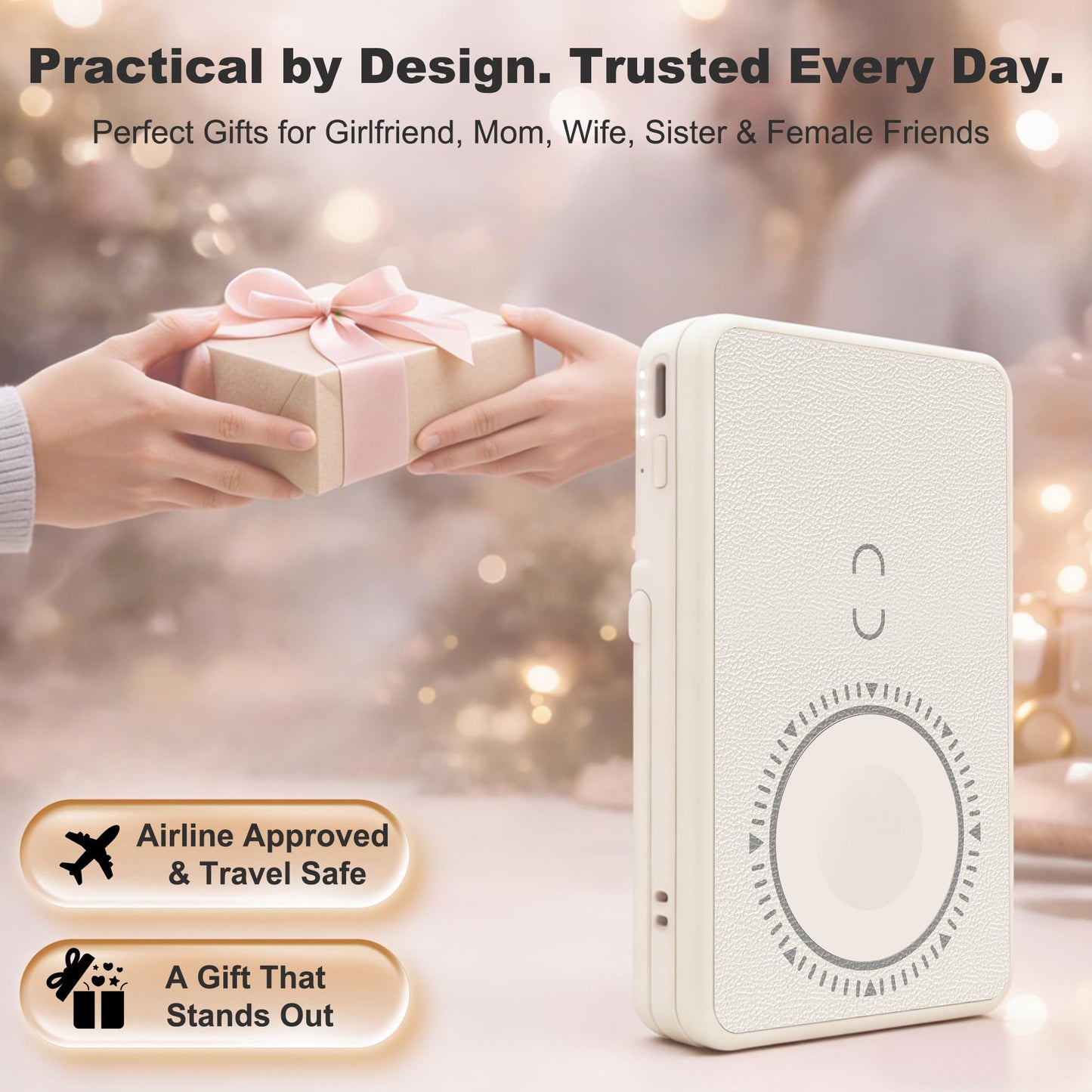 5-in-1 Portable Charger for Women, 5000mAh Magnetic Wireless Power Bank w/ Makeup Mirror, Phone Stand, Bluetooth Remote, Card Holder, Travel Essentials, Mothers Day Birthday Gift for Mom, Wife, Khaki