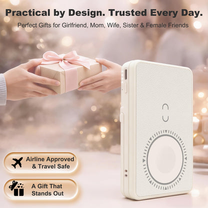 5-in-1 Portable Charger for Women, 5000mAh Magnetic Wireless Power Bank w/ Makeup Mirror, Phone Stand, Bluetooth Remote, Card Holder, Travel Essentials, Mothers Day Birthday Gift for Mom, Wife, Khaki