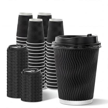 NUPANT 12oz -50 Pack Disposable Coffee Cups with Lids Insulated Corrugated Paper Cups Kraft Ripple Wall Paper Coffee Cups to Go for Hot/Cold Drinks, Disposable Cups for Home Office Party Cafe(Black)