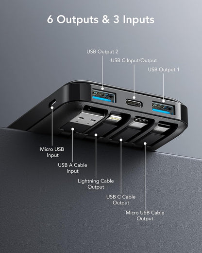 Charmast Power Bank with Built in Cables X 4, 10000mAh USB C Battery pack 6 Outputs 3 Inputs with LED Display Type C Powerbank Portable Charger Compatible with Smartphones Tablets and More