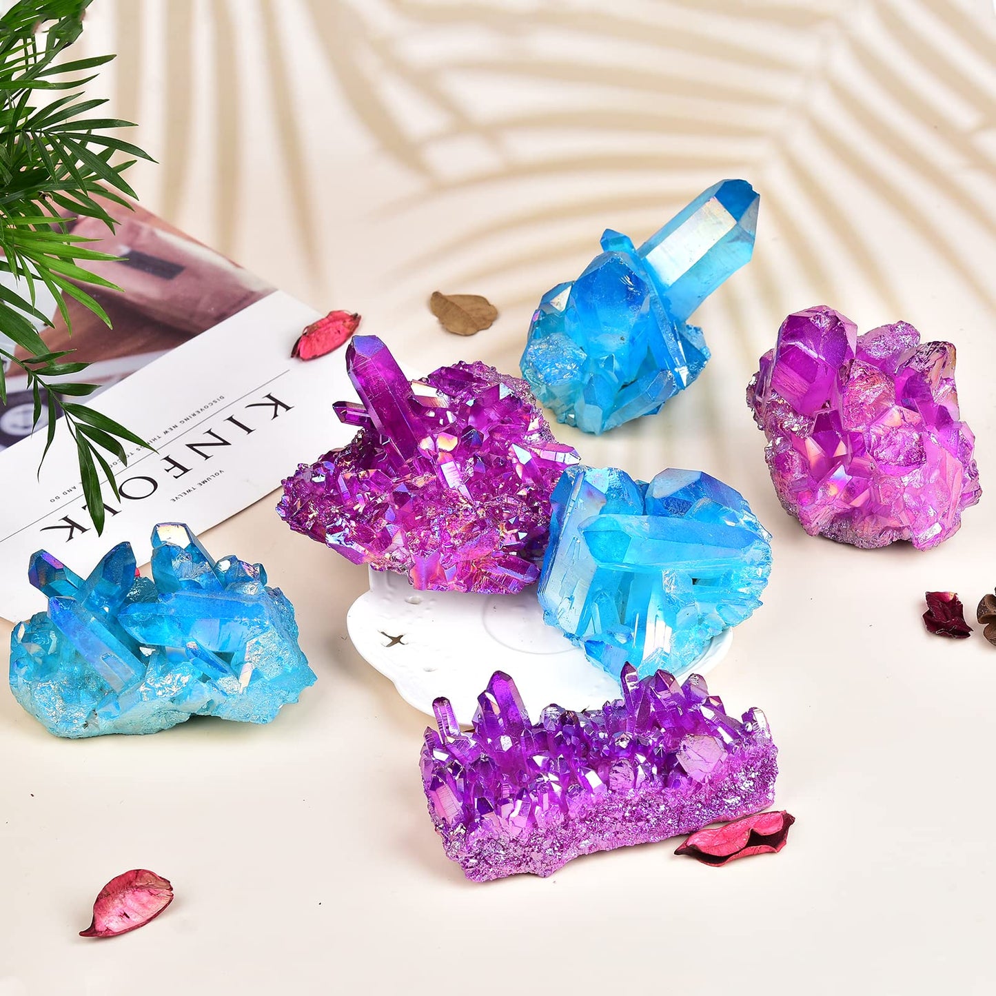 JIC Gem Real Natural Big Titanium Coated Crystal Cluster Purple Quartz Geode Druzy Home Decoration Gemstone Specimen(9-11cm)