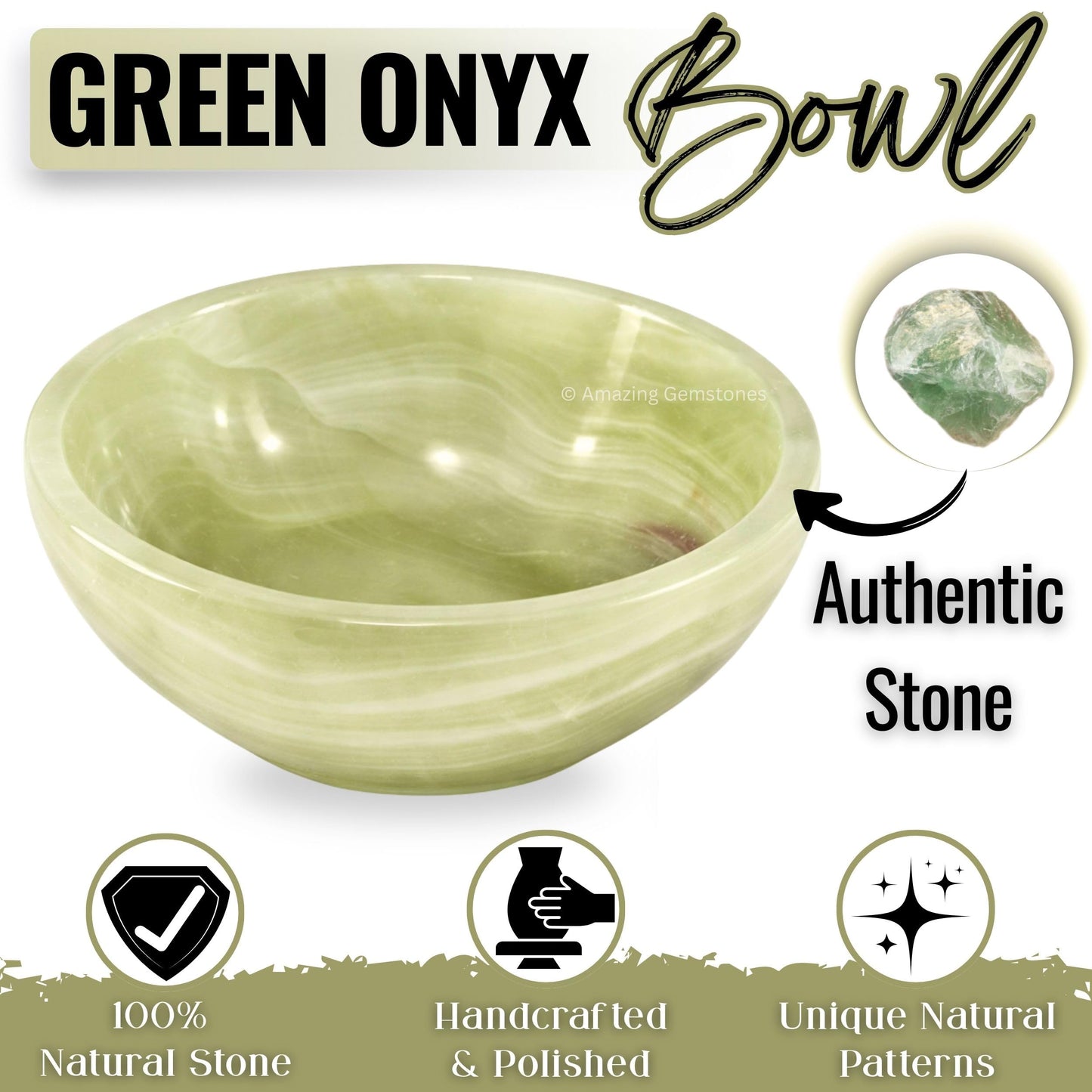 Green Onyx Crystal Bowl - 3 Inch Decorative Bowls for Room and Home Decor - Gemstone Healing Crystals for Elegant Display, Positive Energy Balance and Gift