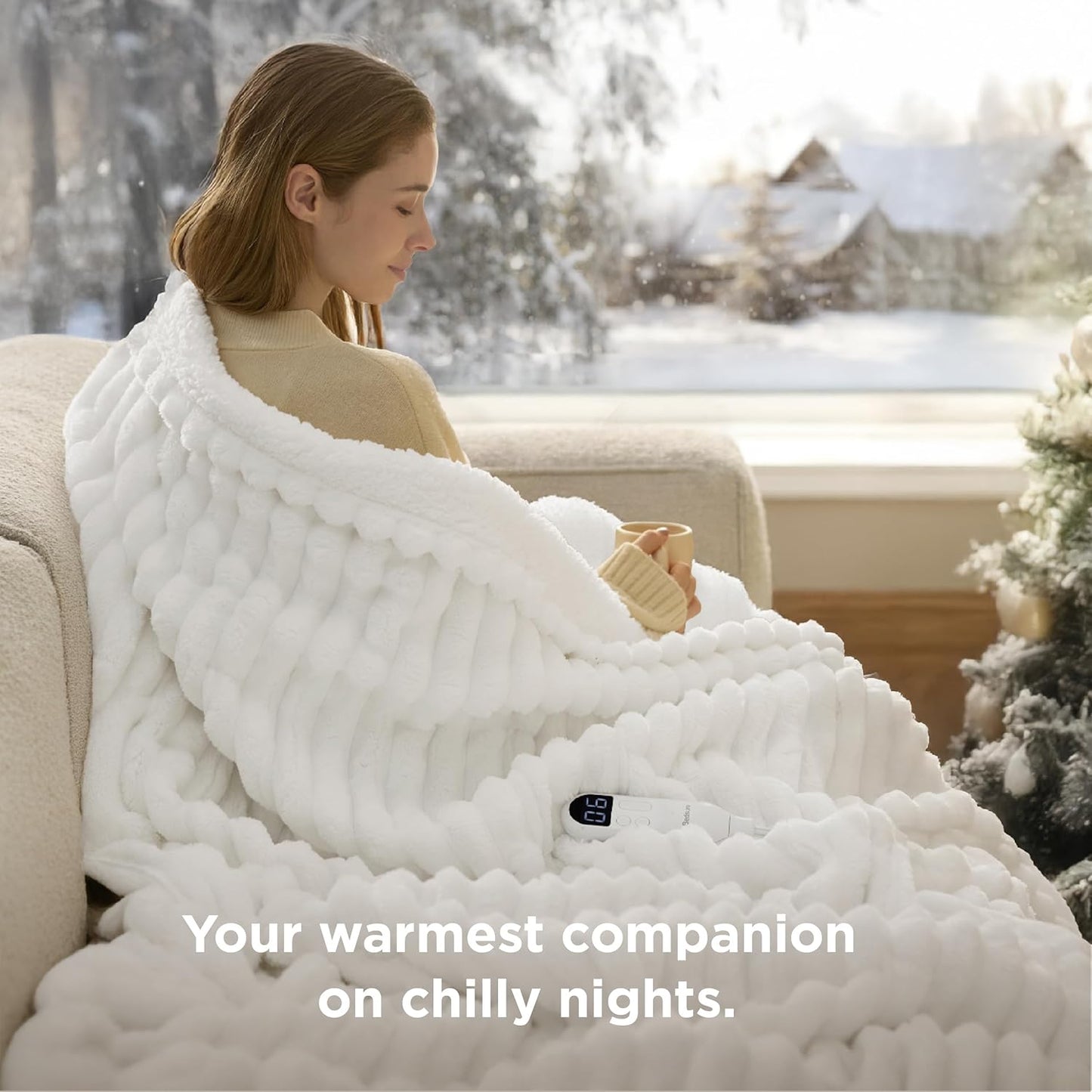 Bedsure Heated Blanket Electric Throw - Thick Striped Flannel Electric Blanket, Heating with 4 Time Settings, 6 Heat Settings, and 3-Hour Timer Auto Shut Off, Gift for Grandma (50x60 inches, White)