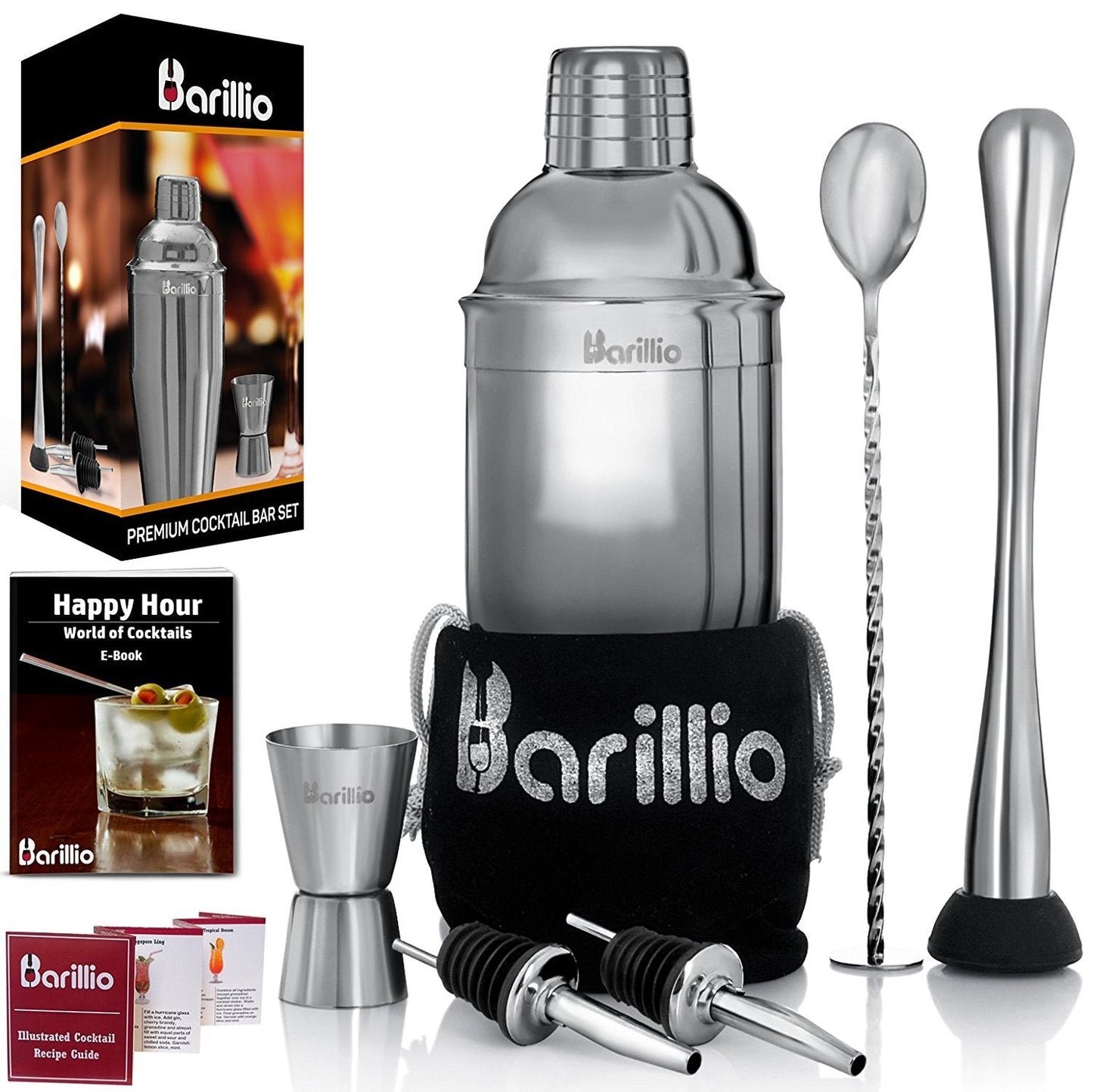 Barillio Mixology Bartender Kit - 8 pcs Stainless Steel Travel Cocktail Shaker Set with Bag - Bar Tools Set with Martini Shaker, Drink Mixer Spoon & Mojito Muddler for Cocktails, Pourers & Jigger