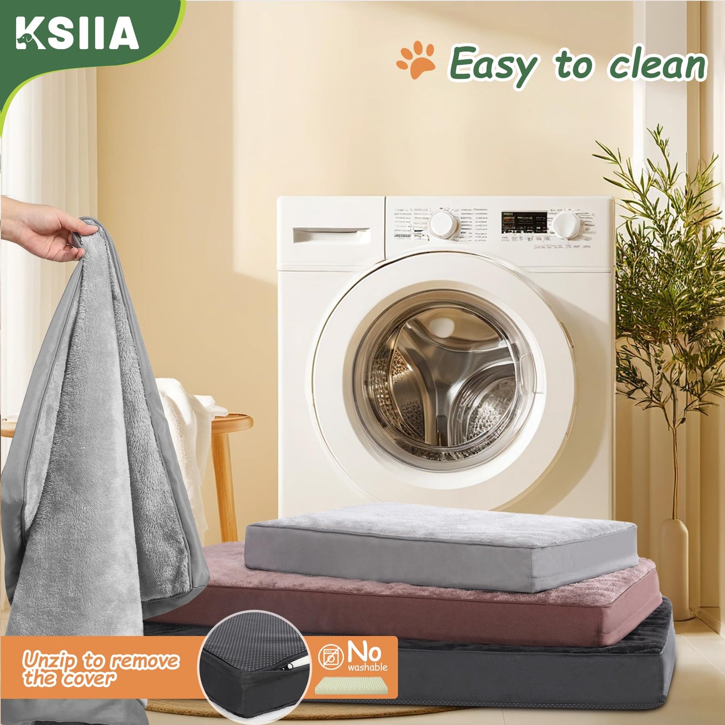 KSIIA Dog Beds Large Washable, Orthopedic Dog Crate Beds with Waterproof Removable Cover, Flat Mattress Non skid Bottom, Pet Beds for Dogs, Grey, 88x55x7cm