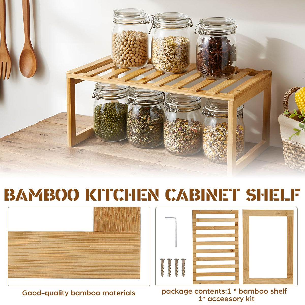 BrightRow 2 Pcs Kitchen Cabinet Organizer Bamboo Bookshelf Bamboo Kitchen Shelves, Cabinet Shelf Organizer, Storage Shelves for Pantry Bathroom Dining Room Study Laundry