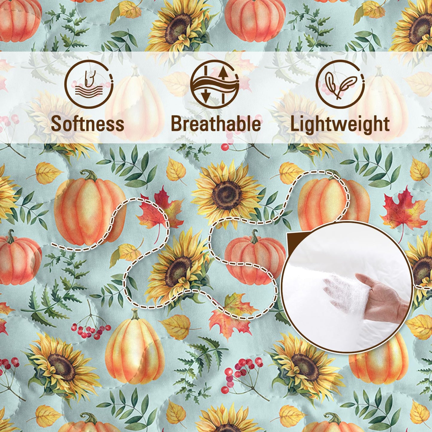 BlessLiving Fall Bedding King Size: Soft Microfiber Lightweight Blue Orange Pumpkin Quilt Set 3 Piece Autumn Bedspread Coverlet for Thanksgiving Bedroom Living Room Decoration