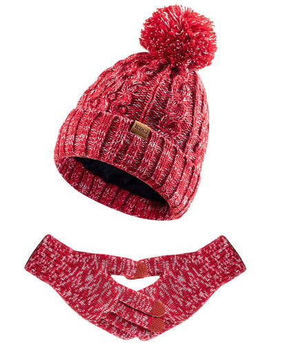 Women Winter Knit Warm Hat Beanie Gloves Set Pom Fleece Lined Hat with Touchscreen Gloves