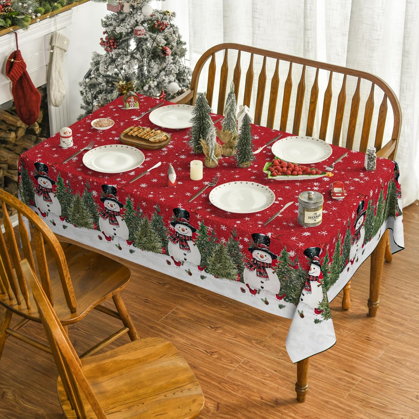 Horaldaily Christmas Tablecloth 60×84 Inch Rectangular, Winter Snowman Trees Red Washable Seasonal Table Cover for Party Picnic Dinner Decor