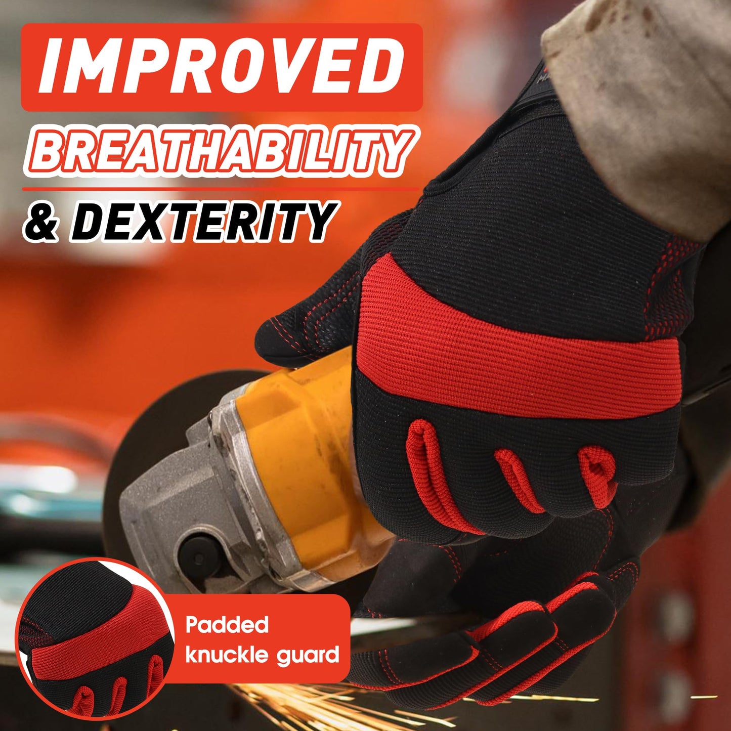 HANDLANDY Anti Vibration Safety Work Gloves for Men Women, Breathable Flexible Spandex Back, Touch Screen Utility Glove (XL, Red)