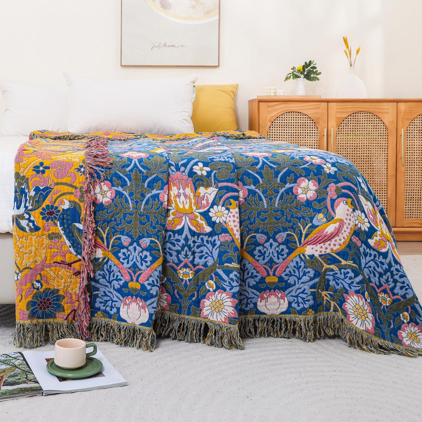 STASOPTK Boho Cotton Muslin Twin Size Bed Throws,100% Cotton Rustic 4 Layer Reversible Bid and Floral Woven Washable Breathable Decor Blanket 60"×80" for Couch Sofa All Seasons,Blue &Yellow
