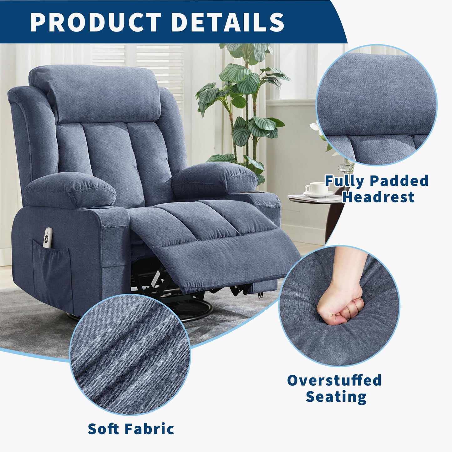 PeacefulHues Large Recliner Chair with Massage & Heat, Comfy Sofa Chair with 3 Positions, Side & Front Pockets, 2 Cup Holders for Living Room, Bedroom, Office, Lounge Area, Gray